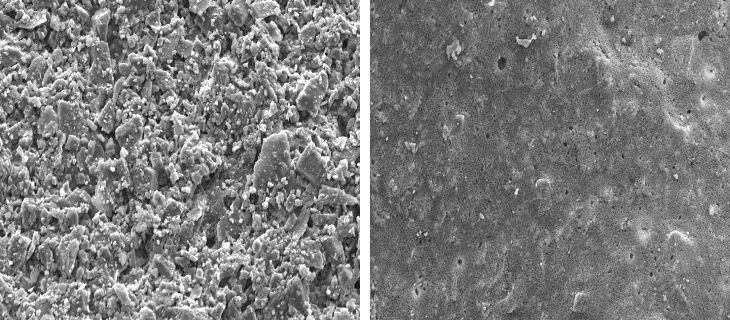 A baloldali kpen Szilikon Vakolat, mg a jobboldalon Nanopor Vakolat mikroszkppal kszlt rszlete lthat